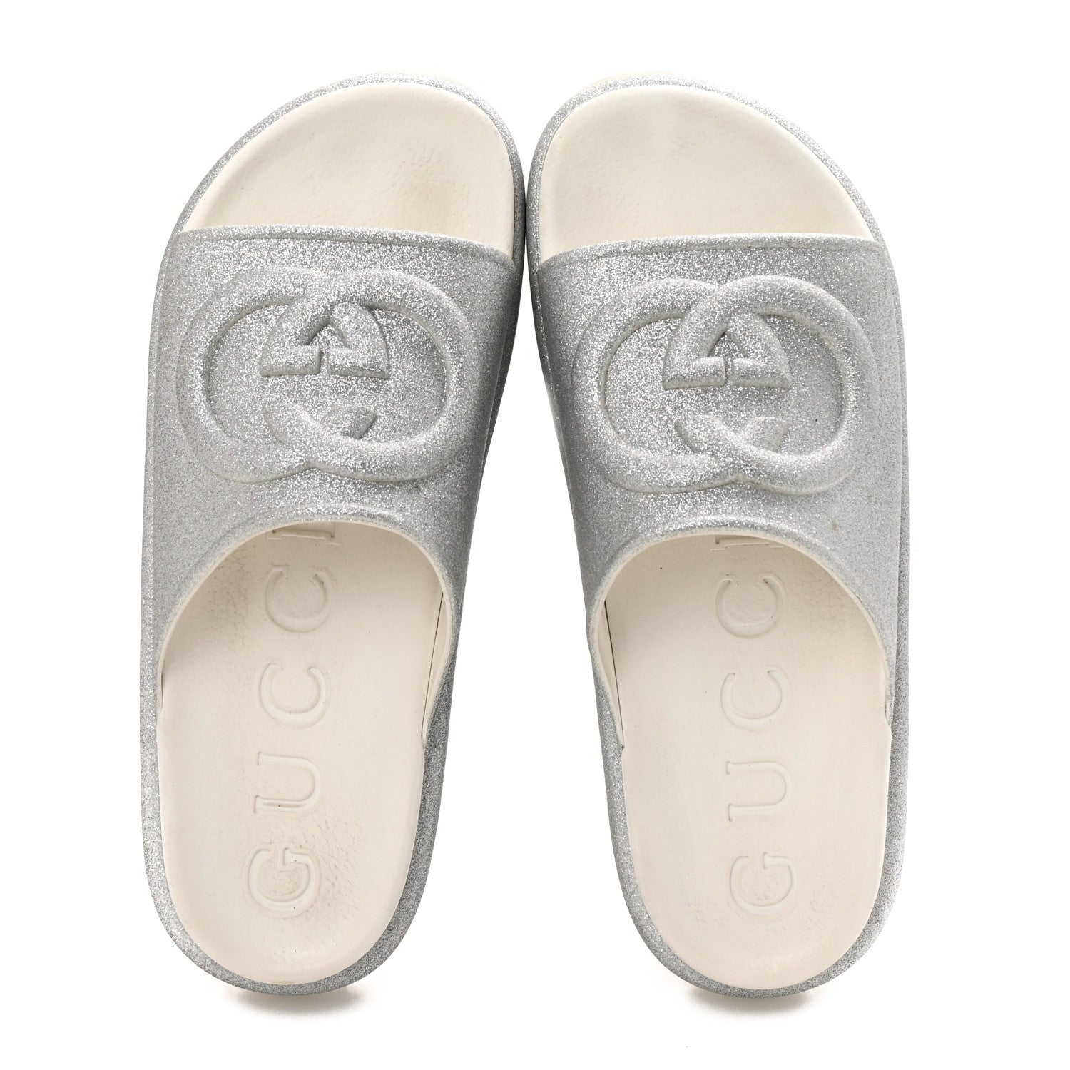 GLITTER RUBBER WOMENS INTERLOCKING G PLATFORM 42MM SLIDE SANDALS SILVER