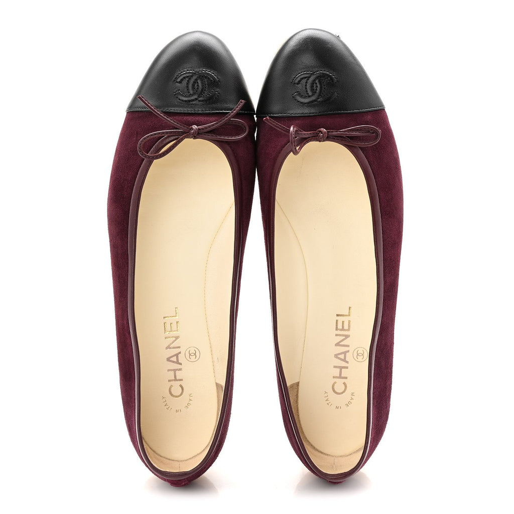 SUEDE LAMBSKIN CAP TOE CC BALLERINA FLATS BURGUNDY BLACK