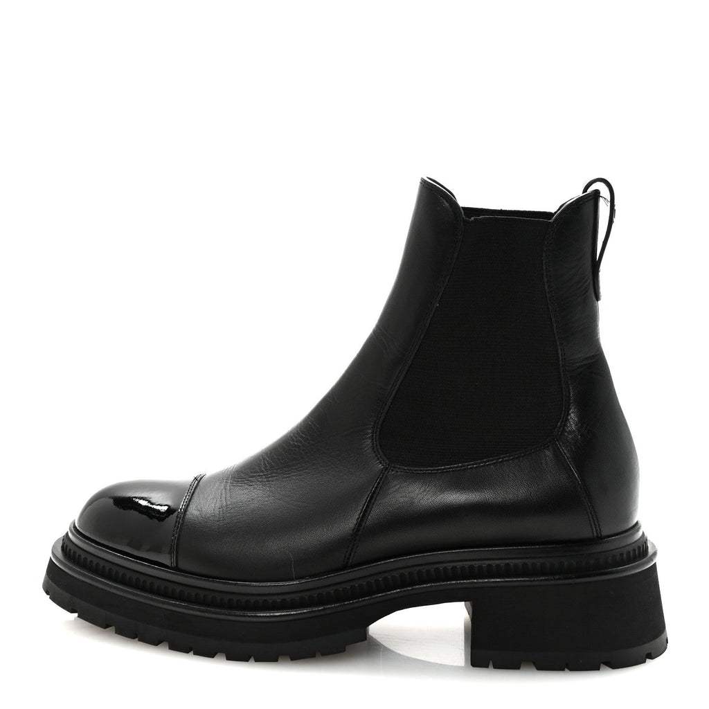 CALFSKIN PATENT CAP TOE ANKLE BOOTS BLACK