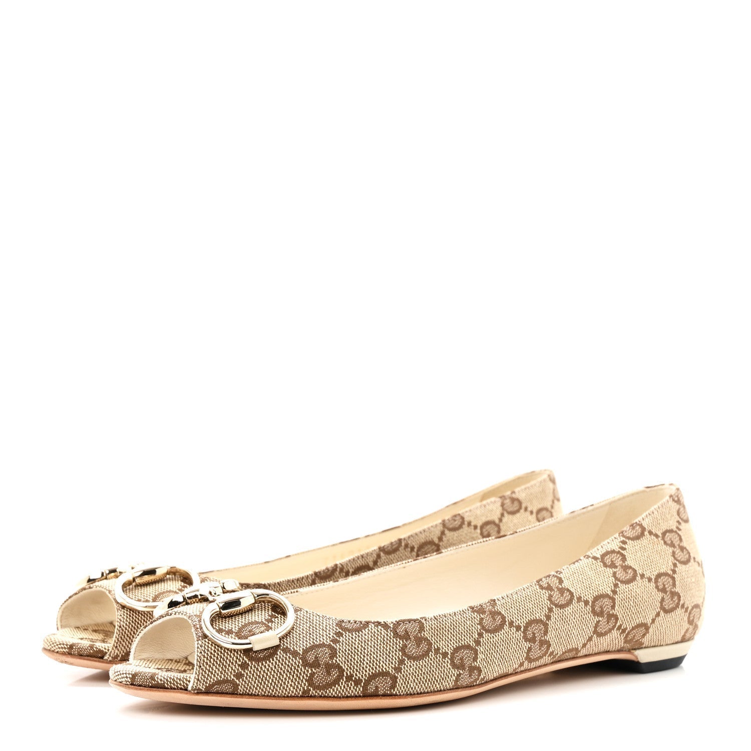MONOGRAM MIRO SOFT CALFSKIN WOMENS HORSEBIT PEEP TOE FLATS BEIGE EBONY MYSTIC WHITE