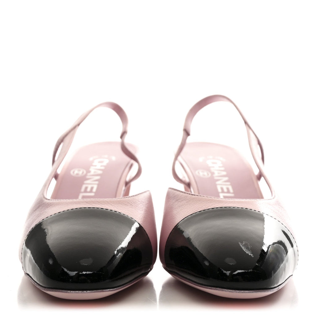LAMINATED LAMBSKIN PATENT CAP TOE CC SLINGBACK PUMPS LIGHT PINK BLACK