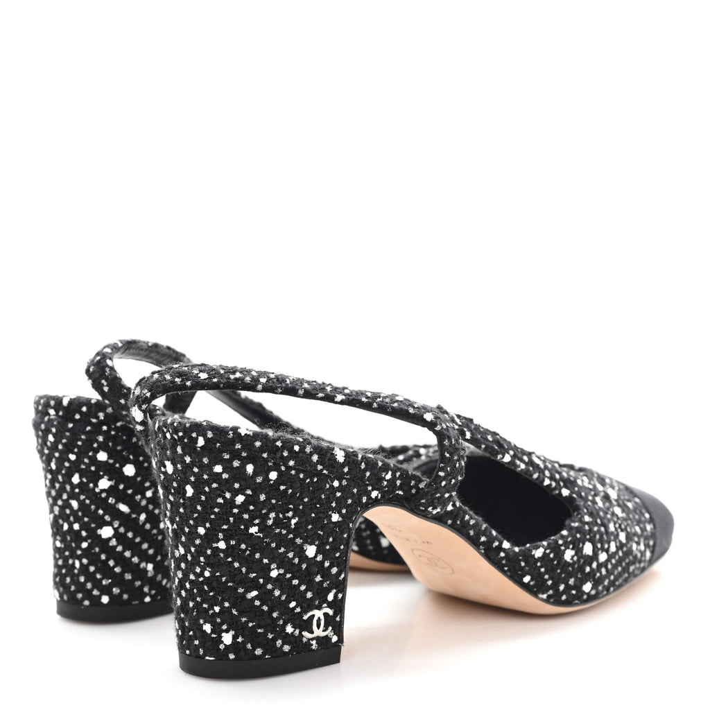 TWEED POLKADOT GROSGRAIN CAP TOE CC SLINGBACK PUMPS BLACK WHITE SILVER