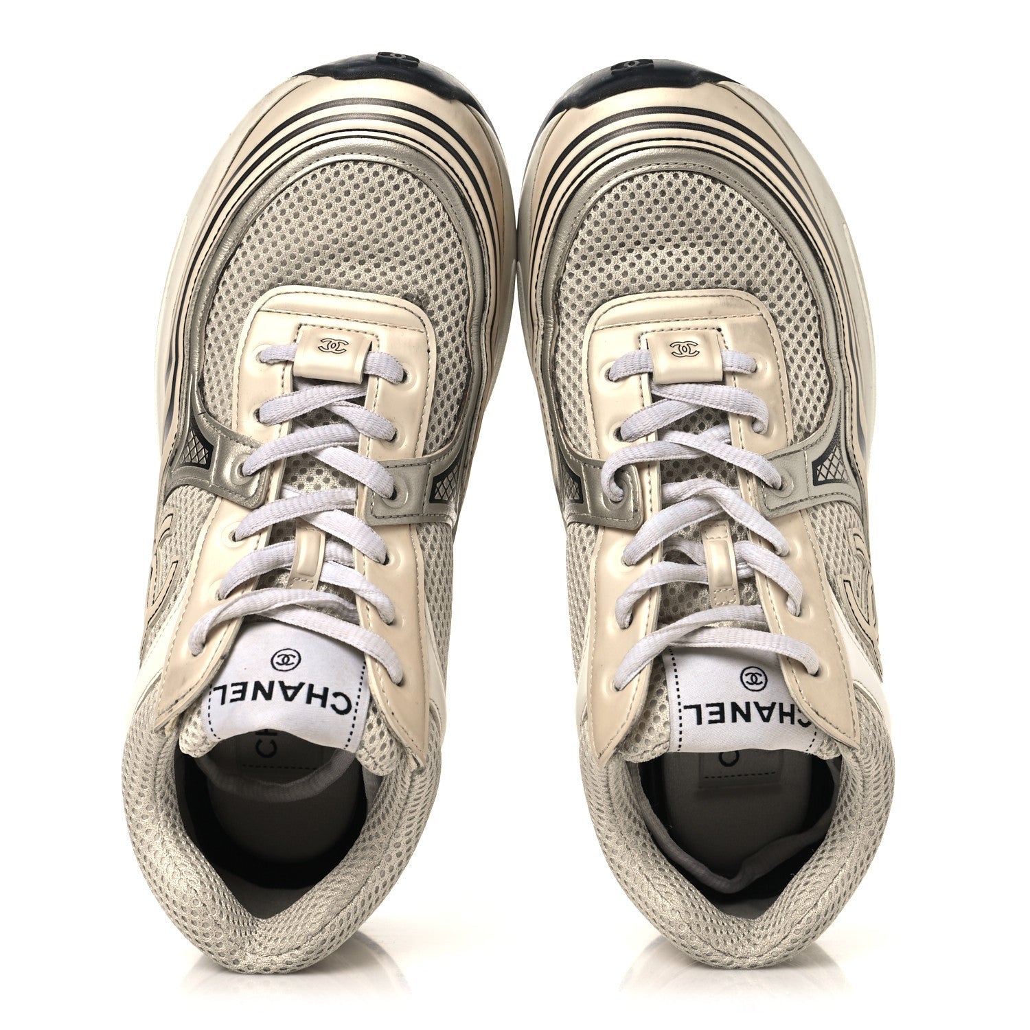 FABRIC LAMINATED CALFSKIN STRETCH CC WOMENS SNEAKERS IVORY WHITE SILVER