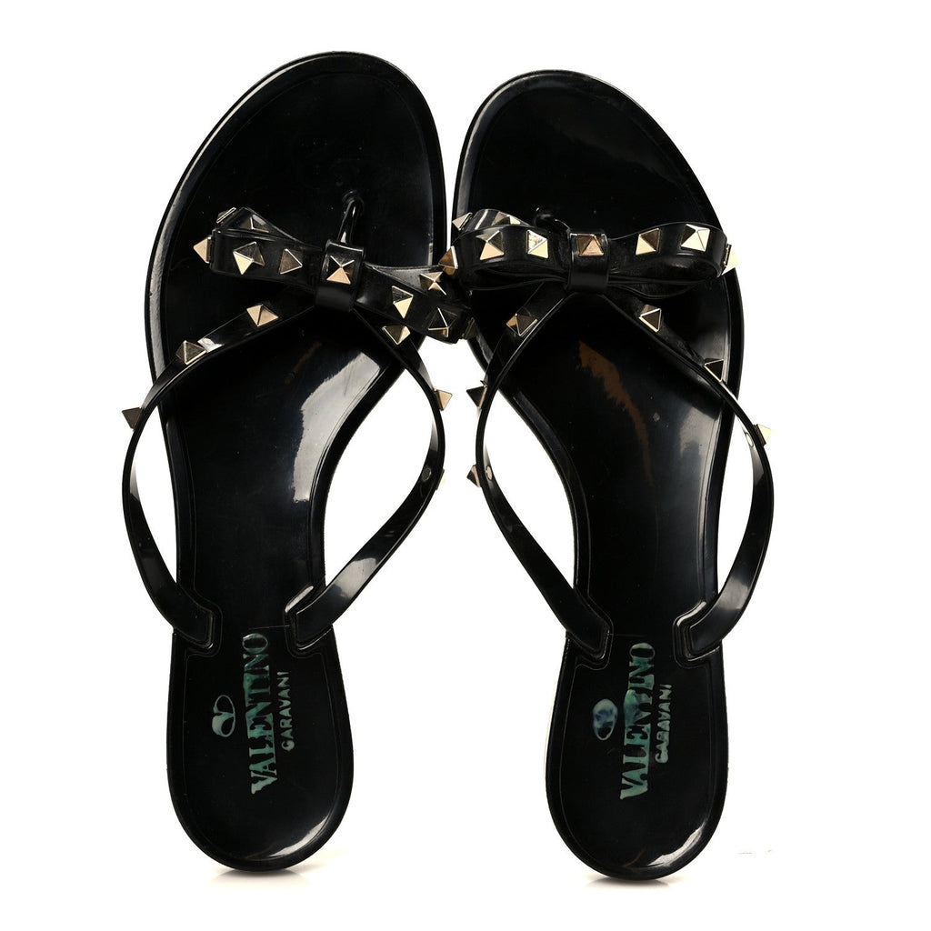 PVC JELLY ROCKSTUD BOW THONG SANDALS BLACK