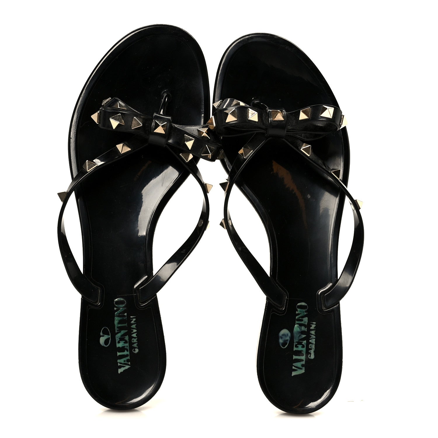 PVC JELLY ROCKSTUD BOW THONG SANDALS BLACK
