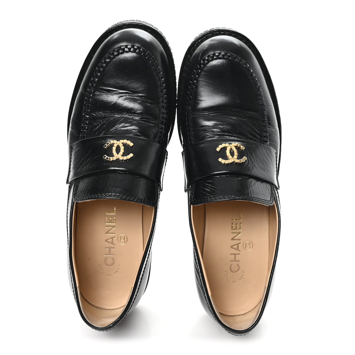 SHINY CRUMPLED CALFSKIN CC MOCASSIN LOAFERS BLACK