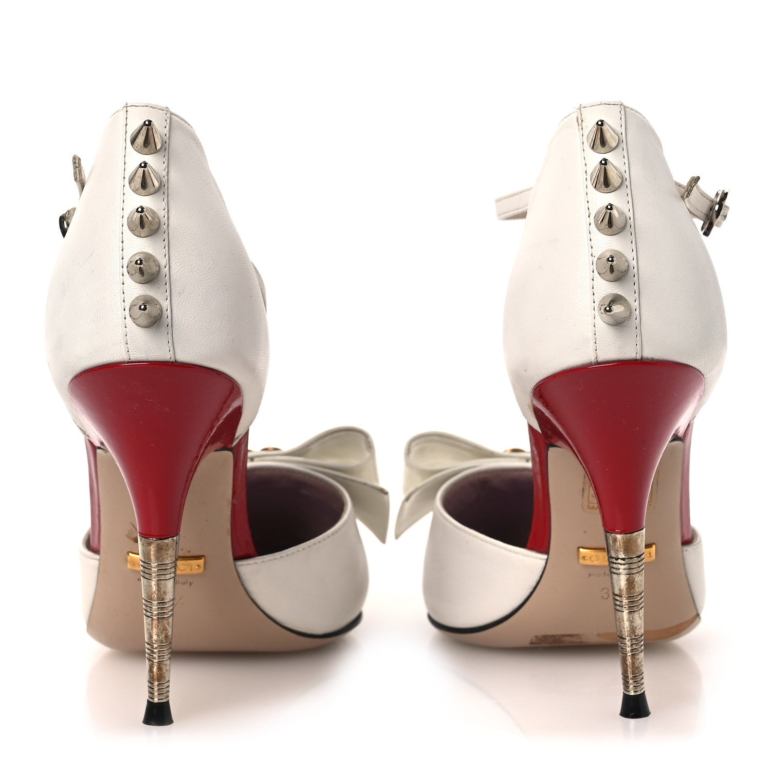 CALFSKIN CRYSTAL GG BOW SADIE SPIKE ANKLE STRAP D'ORSAY HIGH HEEL PUMPS WHITE