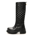 CALFSKIN MESH ROMAN STUD LASER CUT KNEE HIGH BOOTS BLACK