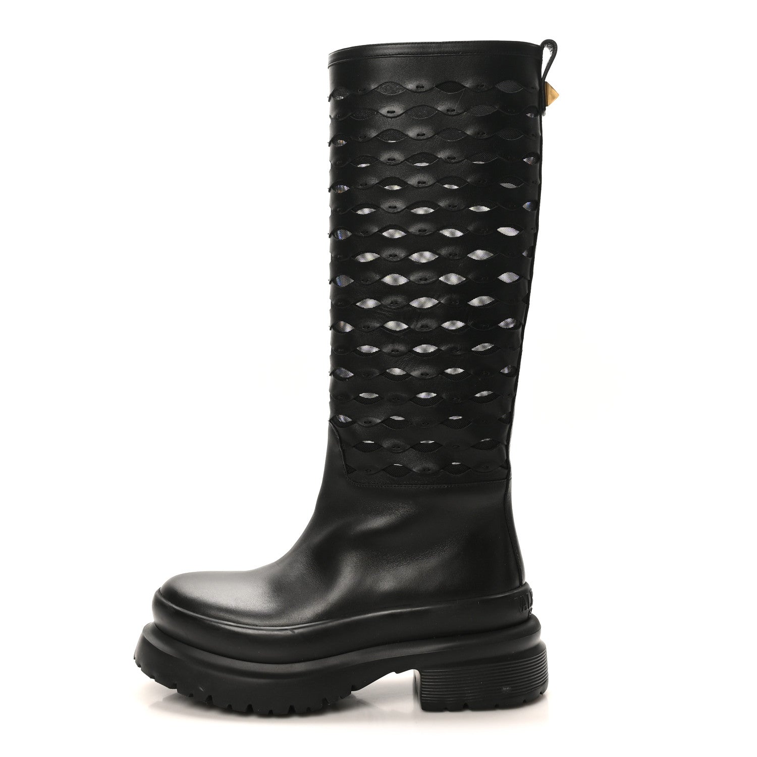 CALFSKIN MESH ROMAN STUD LASER CUT KNEE HIGH BOOTS BLACK