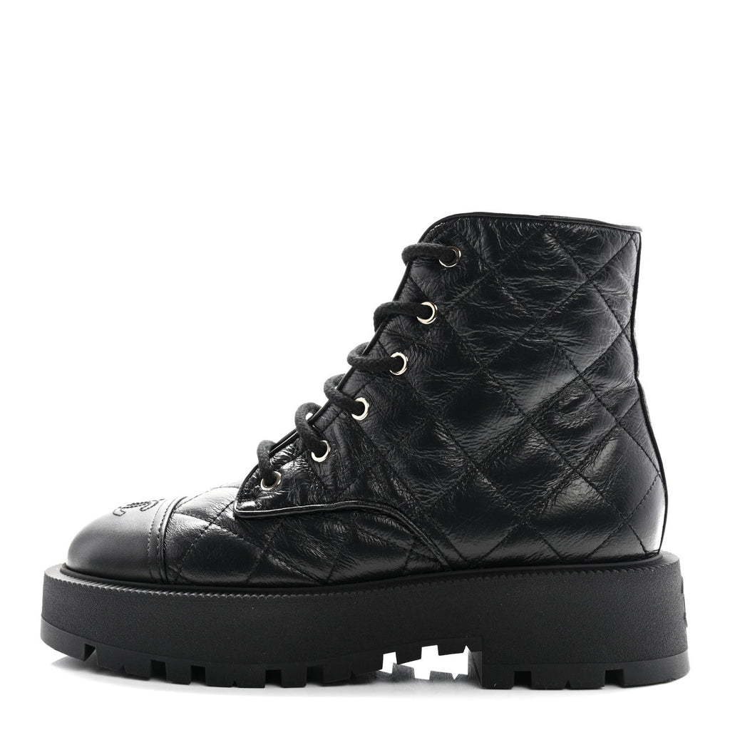 CRUMPLED LAMBSKIN QUILTED PLATFORM LACE UP COMBAT BOOTS BLACK