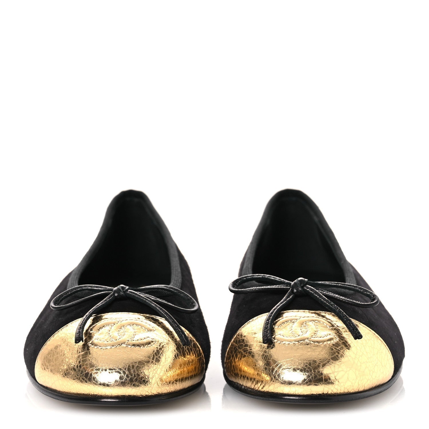 SUEDE CRACKLED LAMINATED CALFSKIN CAP TOE BALLERINA FLATS BLACK GOLD