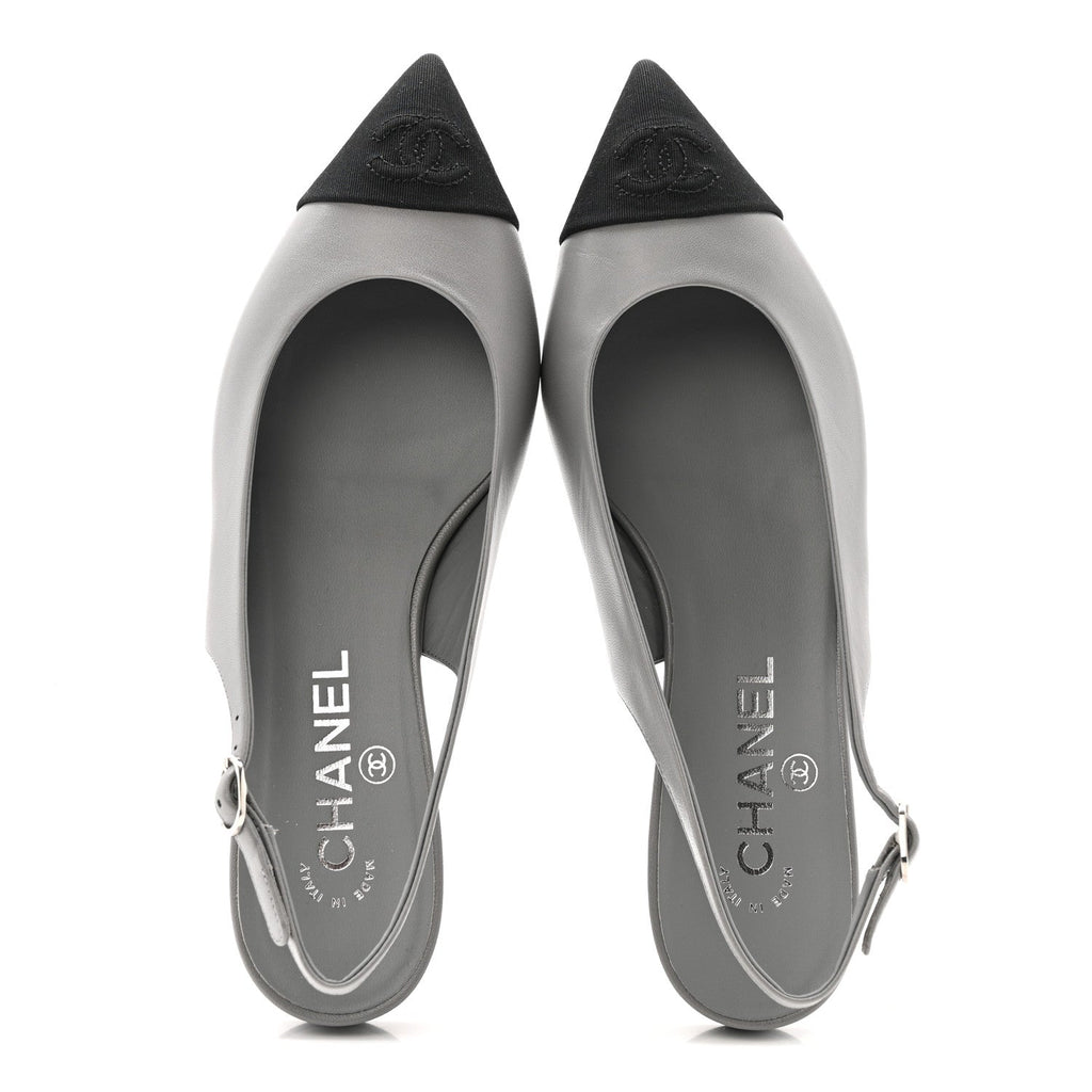 GOATSKIN GROSGRAIN POINTED TOE CC SLINGBACK FLATS GRAY BLACK