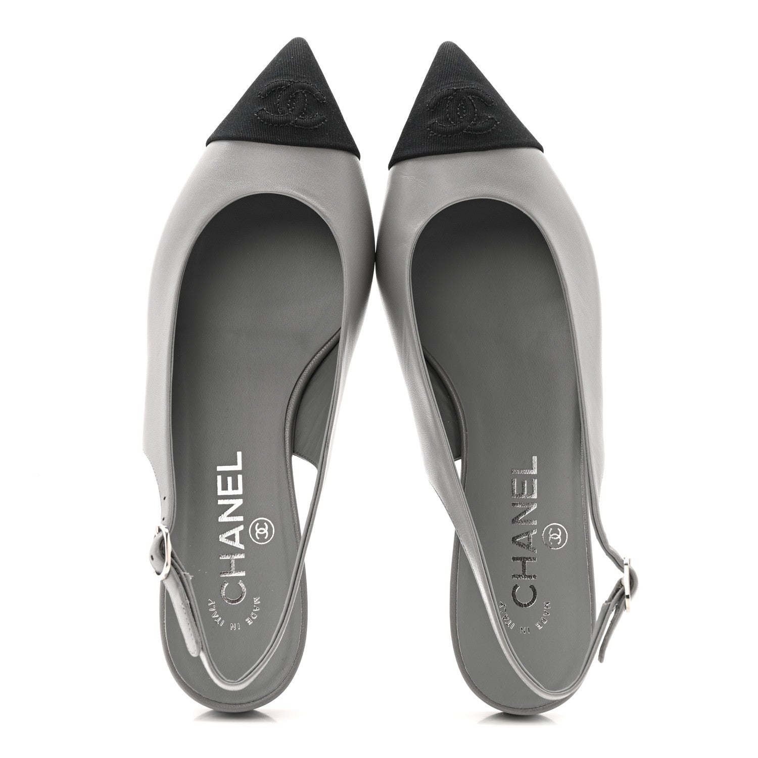 GOATSKIN GROSGRAIN POINTED TOE CC SLINGBACK FLATS GRAY BLACK
