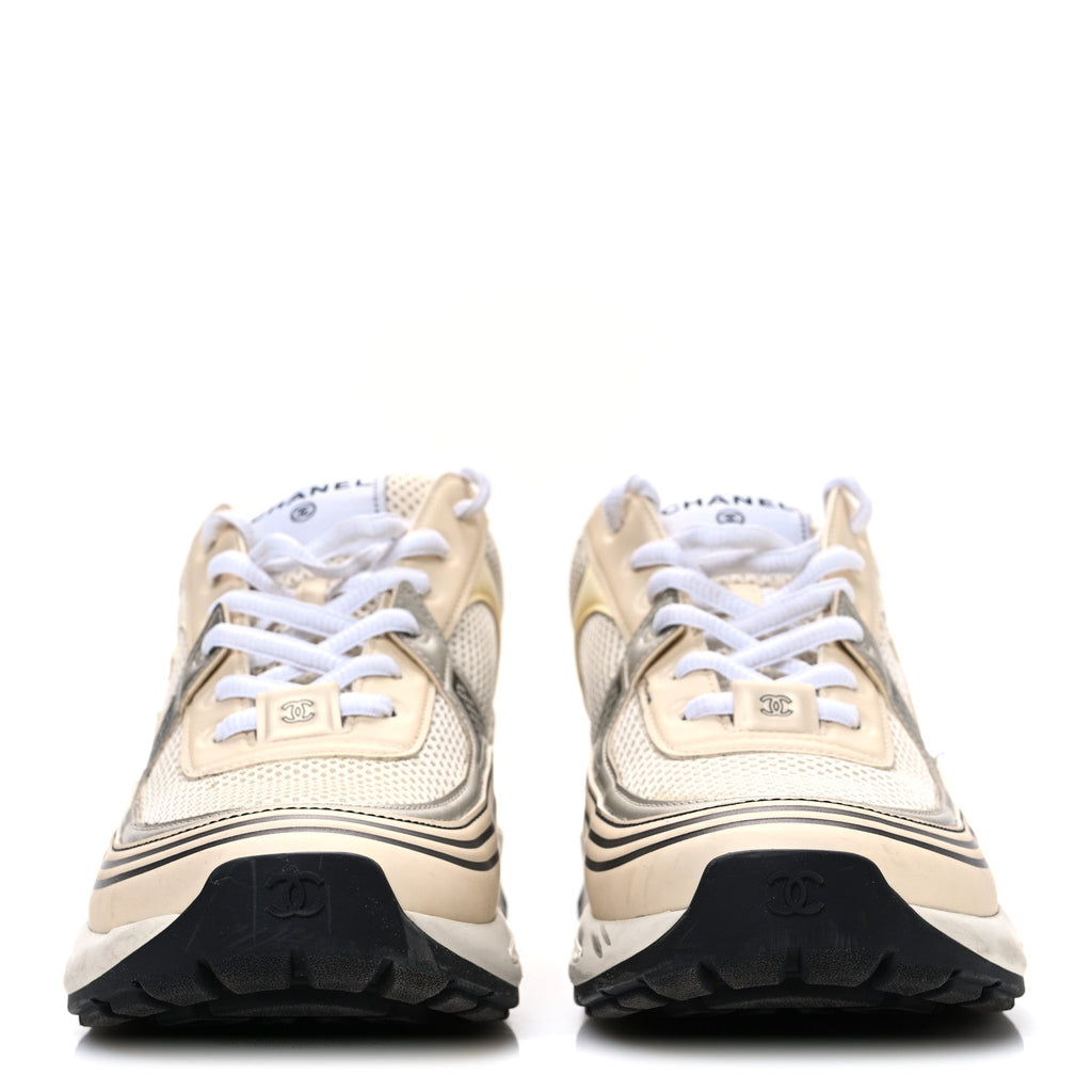FABRIC LAMINATED CALFSKIN STRETCH CC SNEAKERS IVORY WHITE SILVER