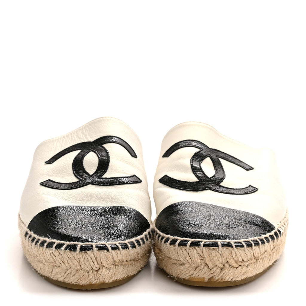 IRIDESCENT GOATSKIN CC ESPADRILLE MULES IVORY BLACK
