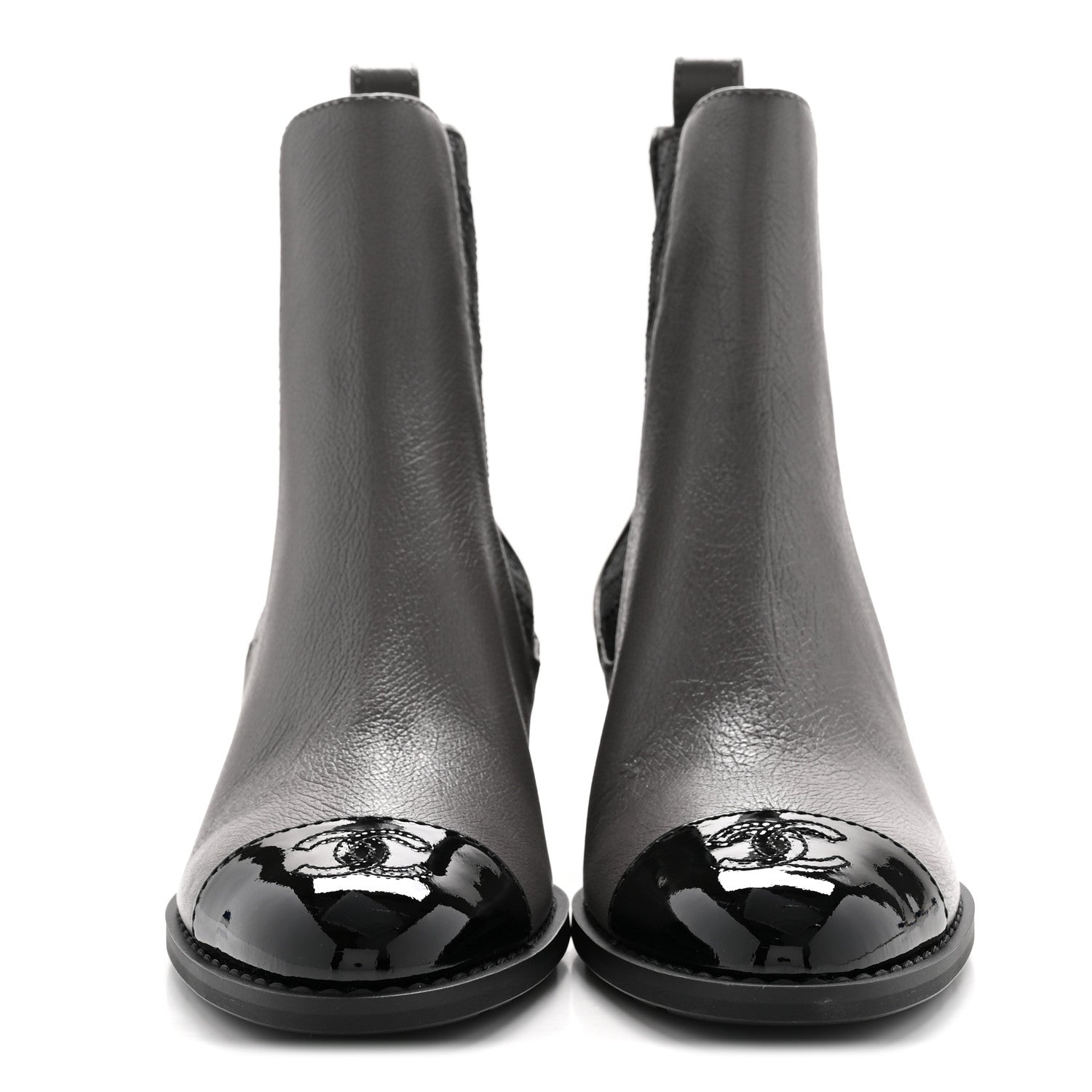 CALFSKIN PATENT CAP TOE CC SHORT BOOTS GREY BLACK