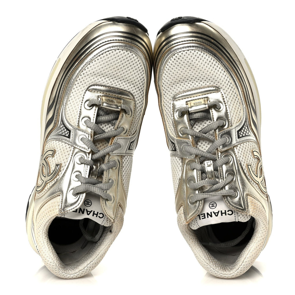 FABRIC LAMINATED CALFSKIN STRETCH CC SNEAKERS WHITE GOLD SILVER