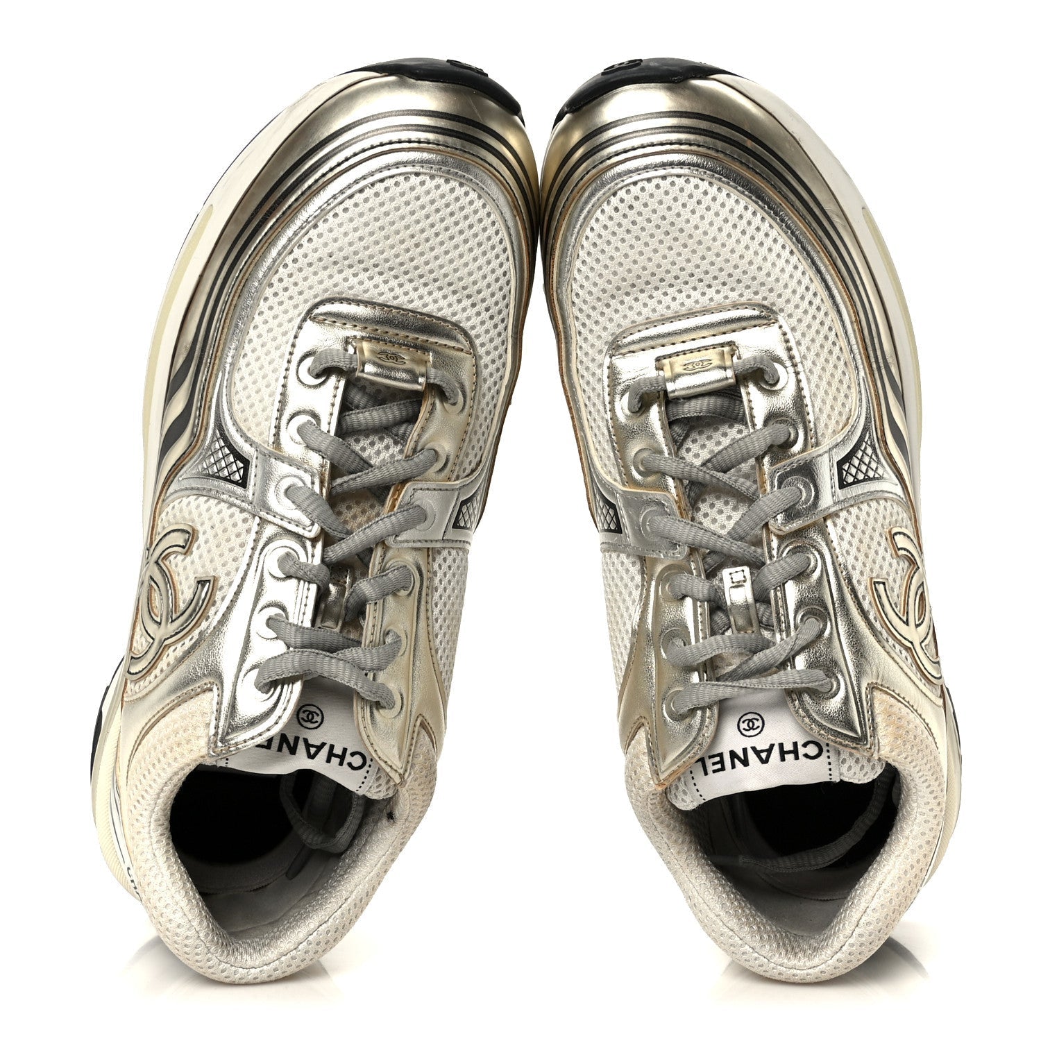 FABRIC LAMINATED CALFSKIN STRETCH CC SNEAKERS WHITE GOLD SILVER