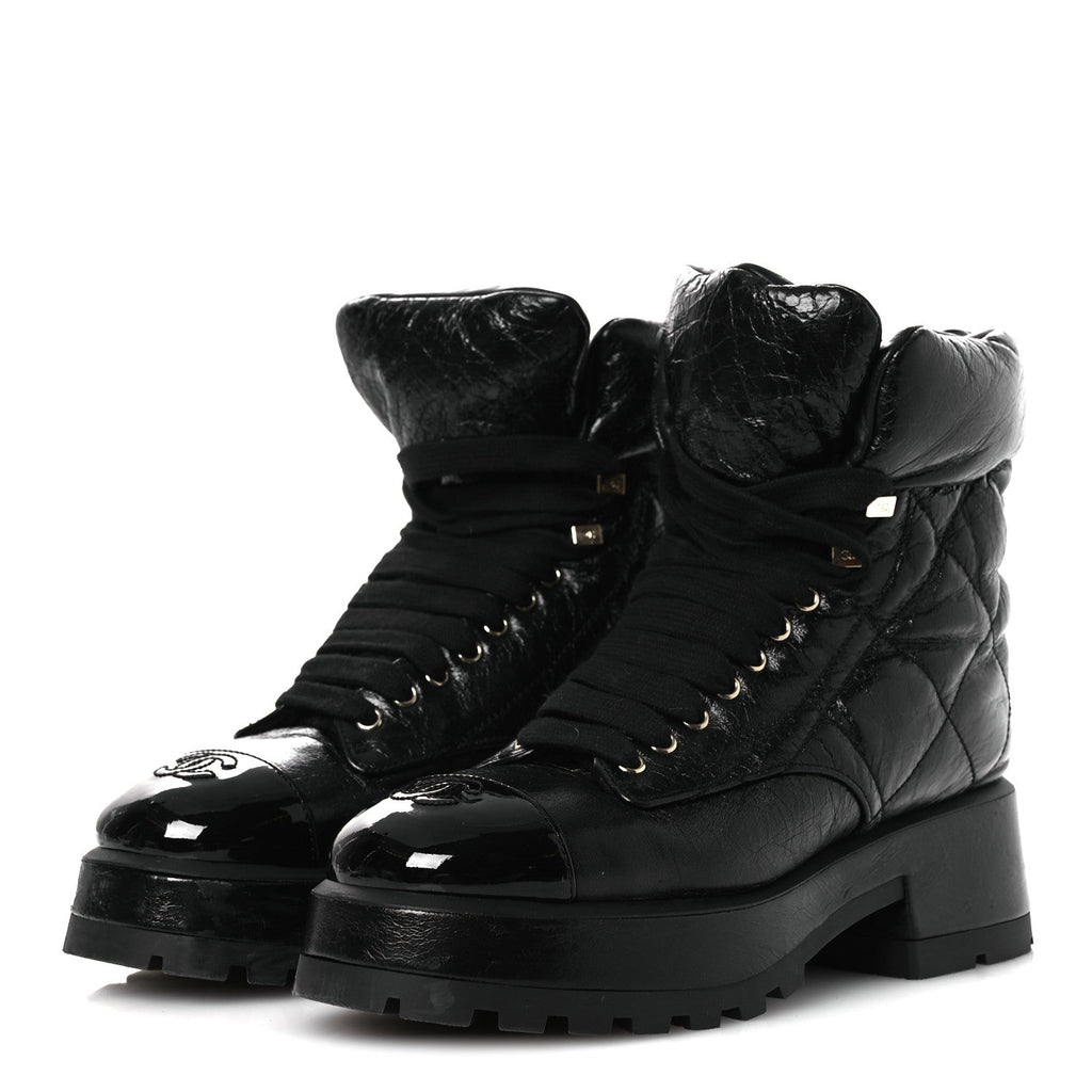 CRUMPLED PATENT LAMBSKIN CALFSKIN QUILTED LACE UP COMBAT BOOTS BLACK