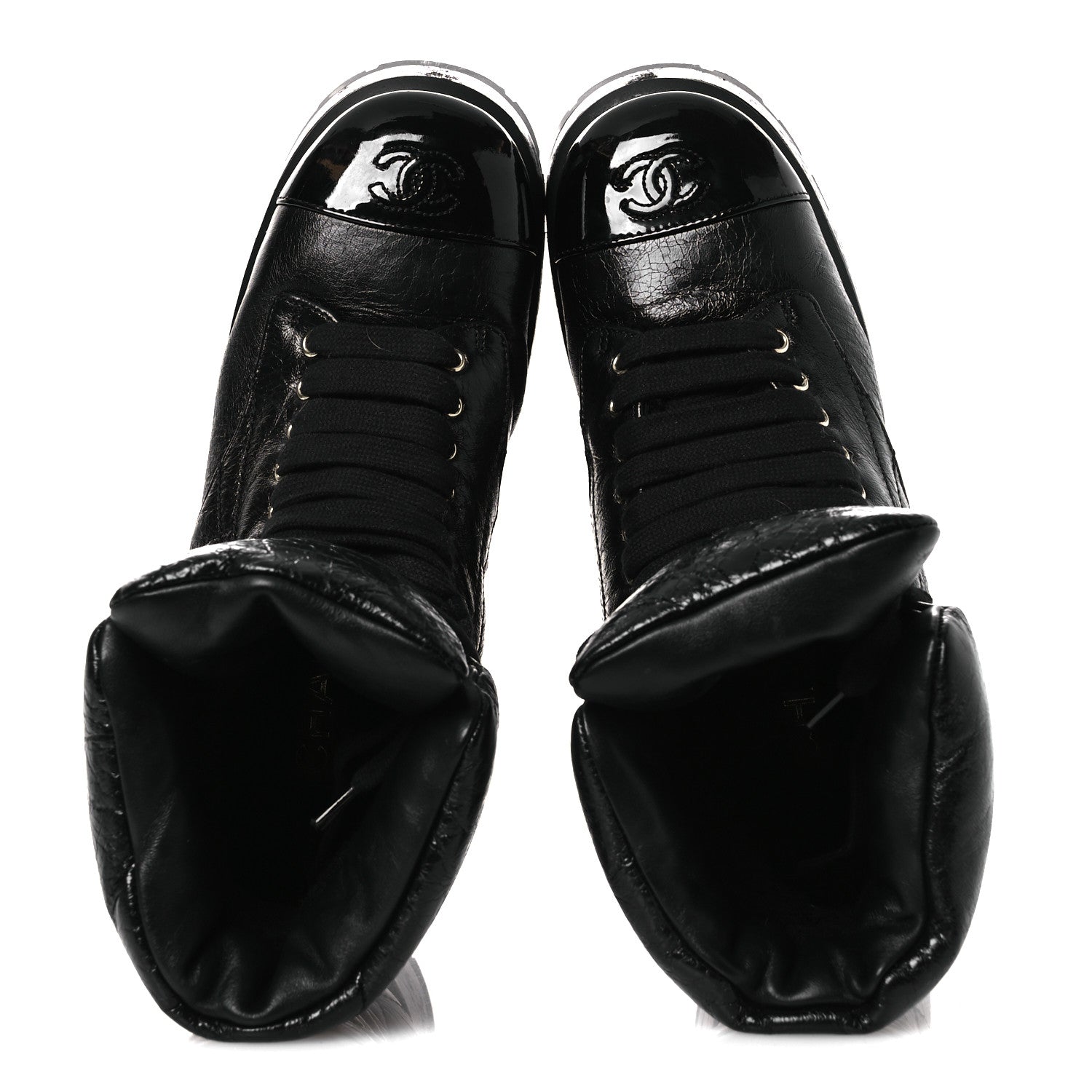 CRUMPLED PATENT LAMBSKIN CALFSKIN QUILTED LACE UP COMBAT BOOTS BLACK