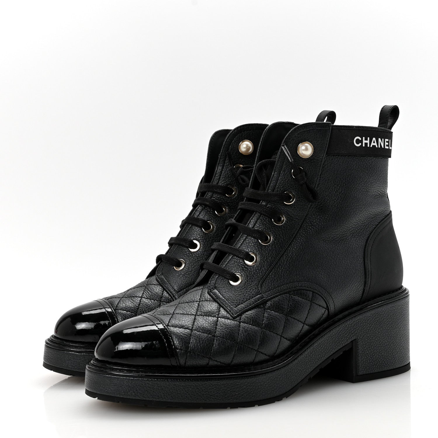 PEARLY CALFSKIN PATENT CALFSKIN LACE UP COMBAT BOOTS BLACK