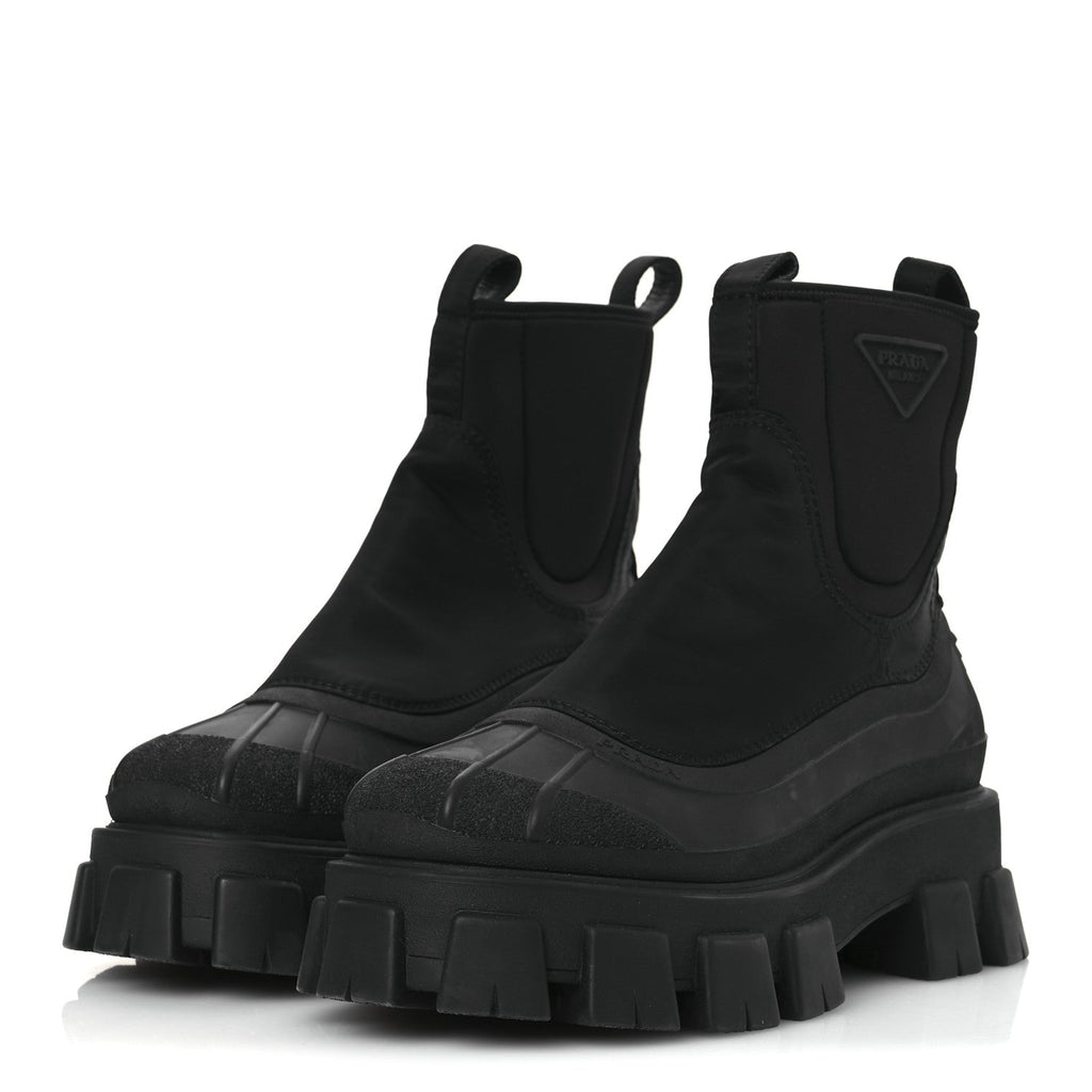 RE-NYLON GABARDINE RUBBER TRIANGLE LOGO WOMENS MONOLITH 55MM ANKLE BOOTS BLACK