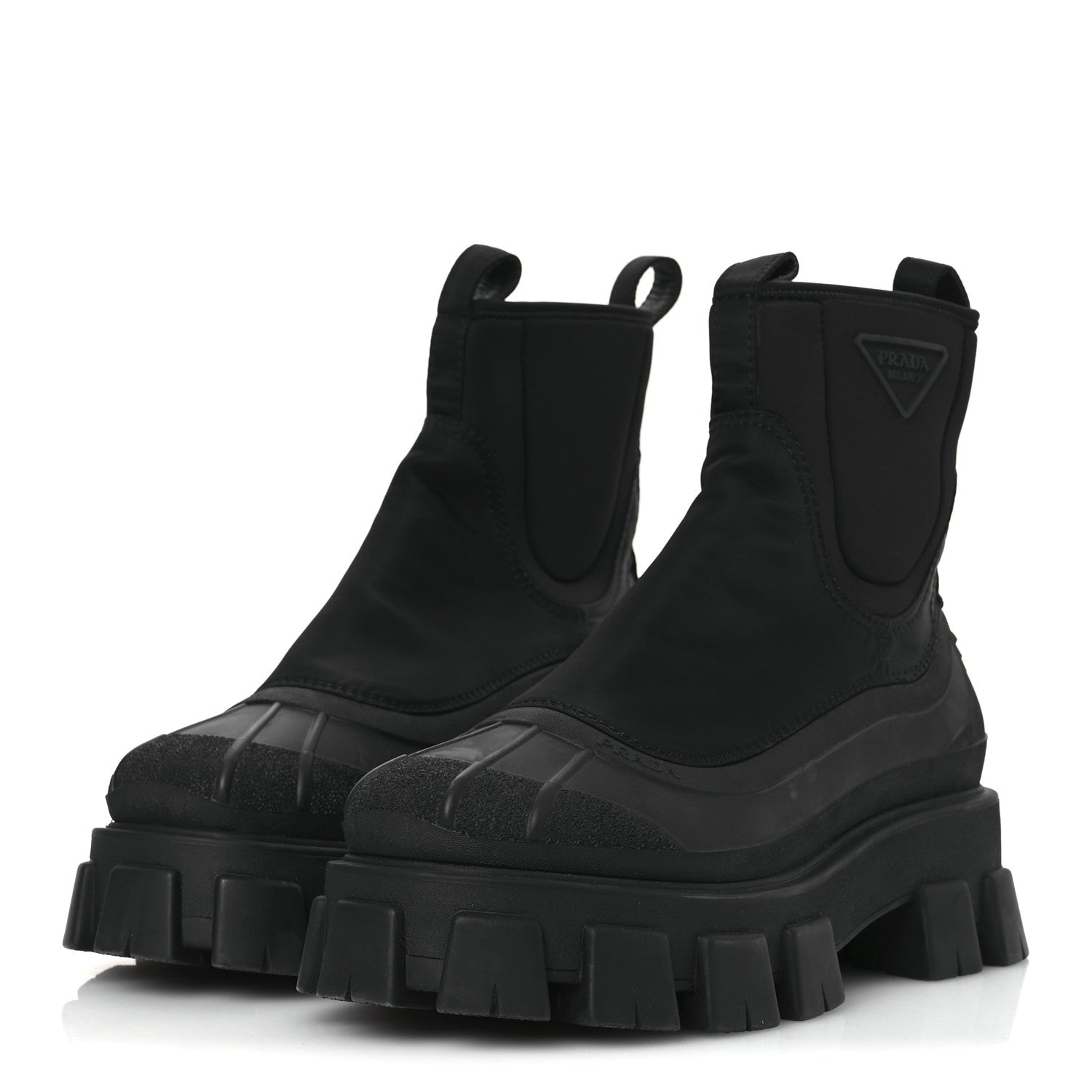 RE-NYLON GABARDINE RUBBER TRIANGLE LOGO WOMENS MONOLITH 55MM ANKLE BOOTS BLACK