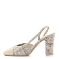 WOOL COTTON TWEED LAMBSKIN CAP TOE CC SLINGBACK PUMPS GREY BLACK GOLD