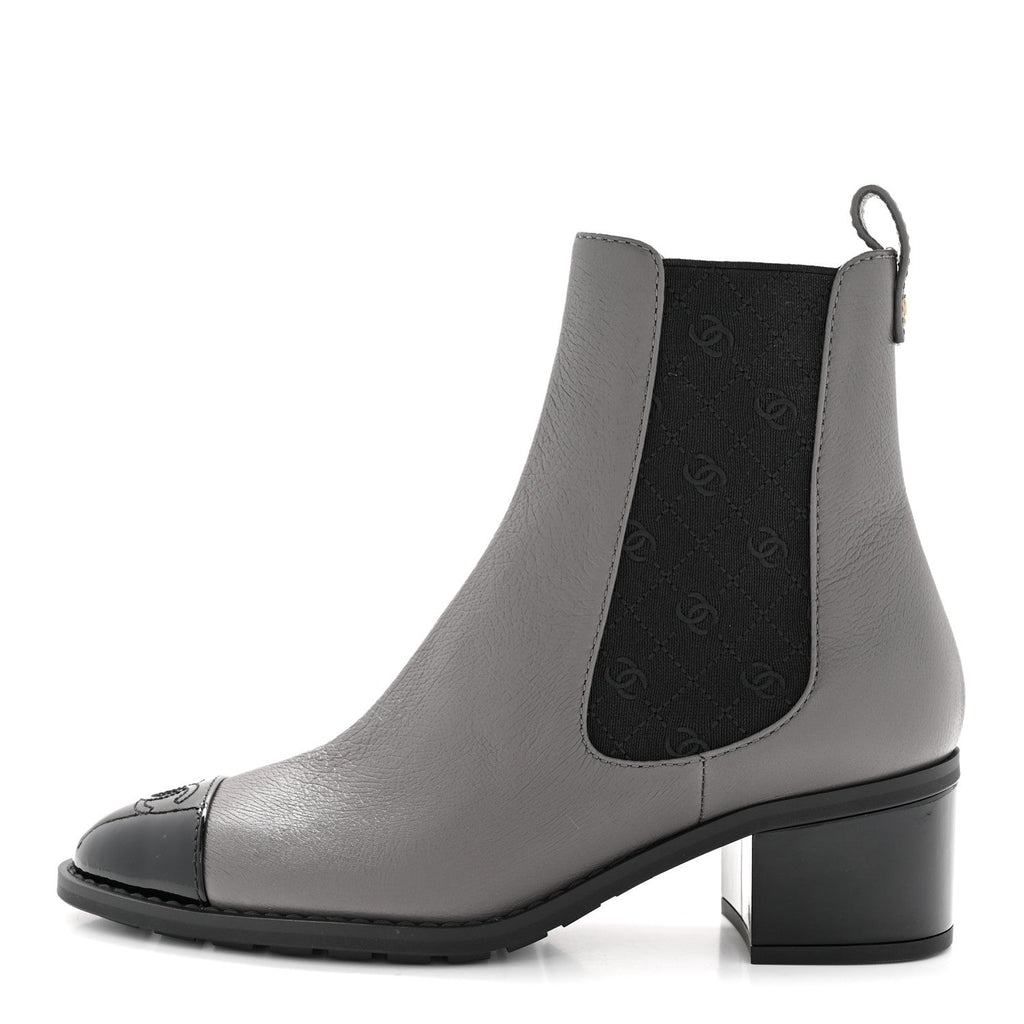 CALFSKIN PATENT CAP TOE CC SHORT BOOTS GREY BLACK