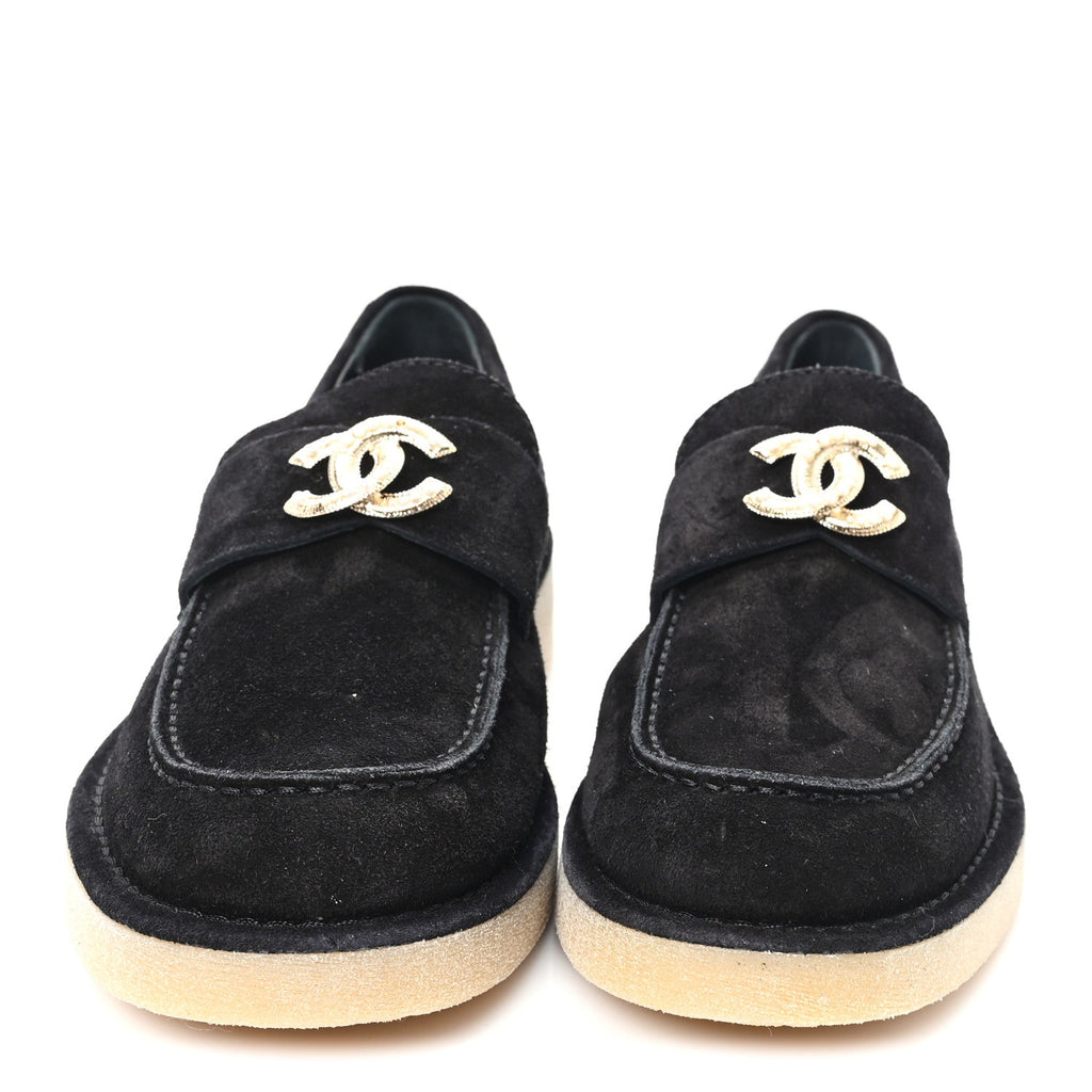SUEDE CALFSKIN PEARL CC MOCCASIN LOAFERS BLACK