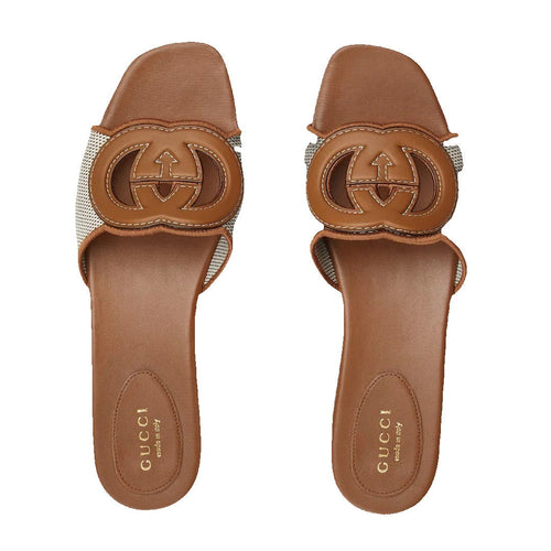Gucci Jane Embroidered Cotton Flat Slide Sandals - Brown
