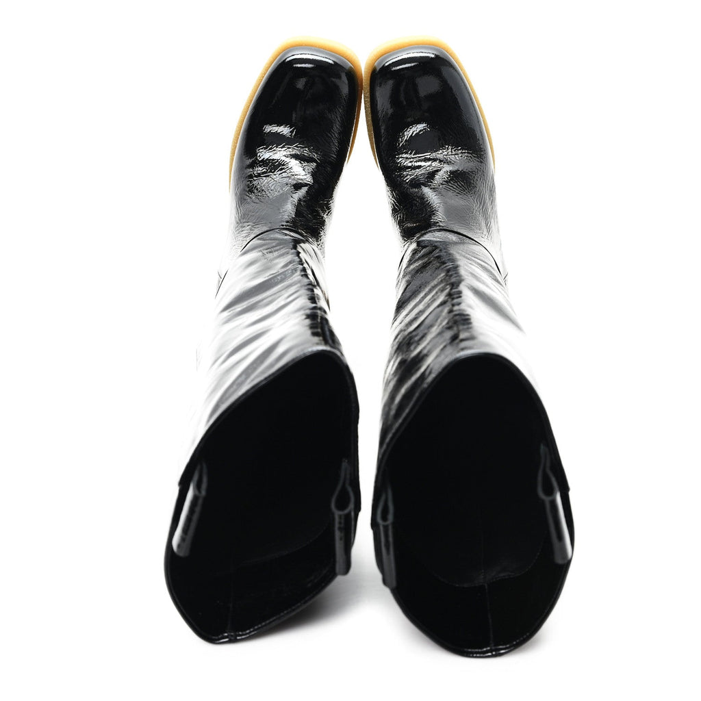 CRINKLED PATENT CALFSKIN KNEE HIGH BOOTS BLACK