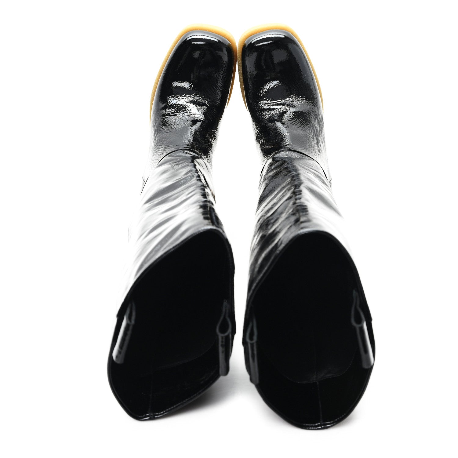 CRINKLED PATENT CALFSKIN KNEE HIGH BOOTS BLACK