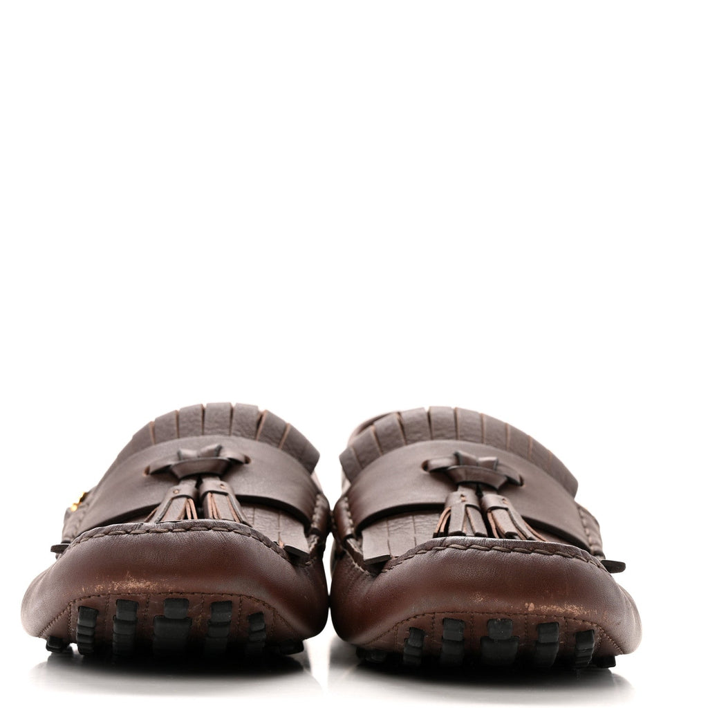 CALFSKIN FRINGE INTERLOCKING G MENS DRIVER LOAFERS BROWN