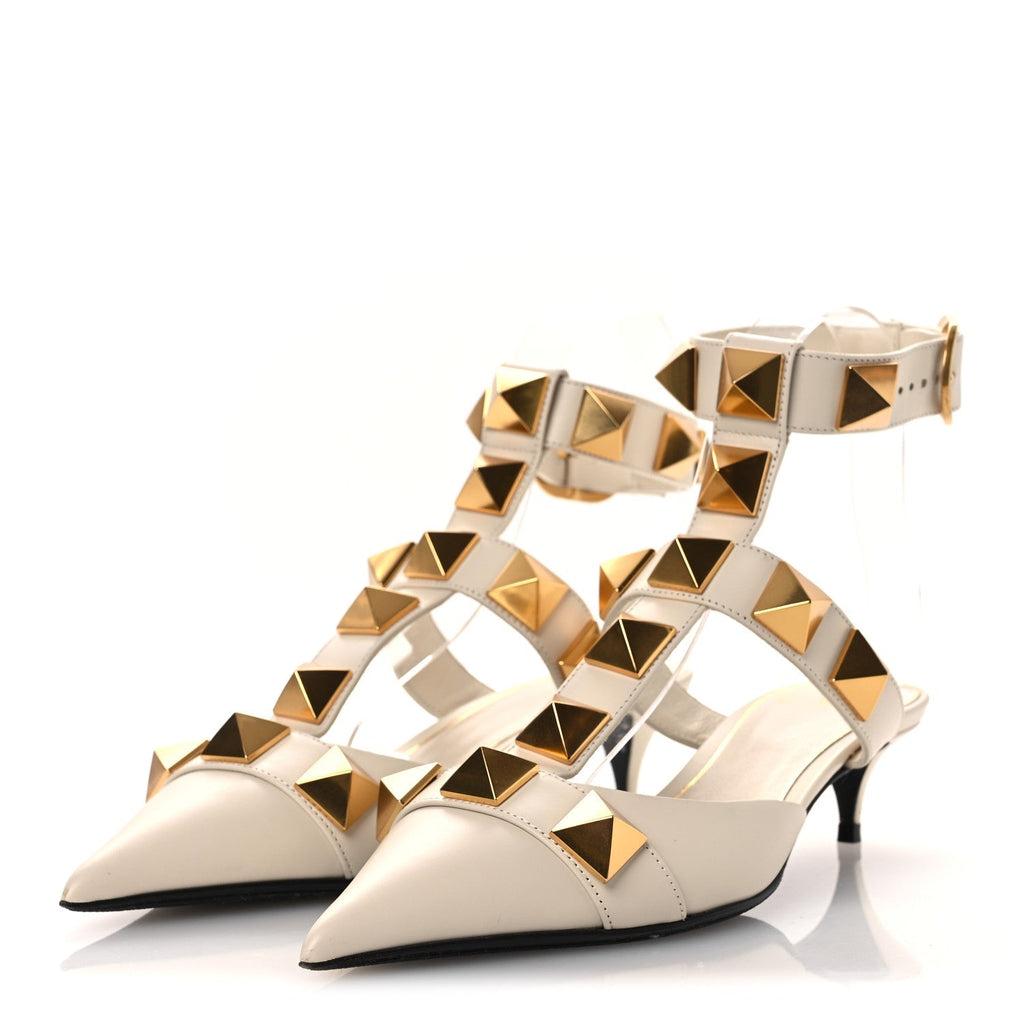 CALFSKIN ROMAN STUD ANKLE STRAP 40MM PUMPS WHITE