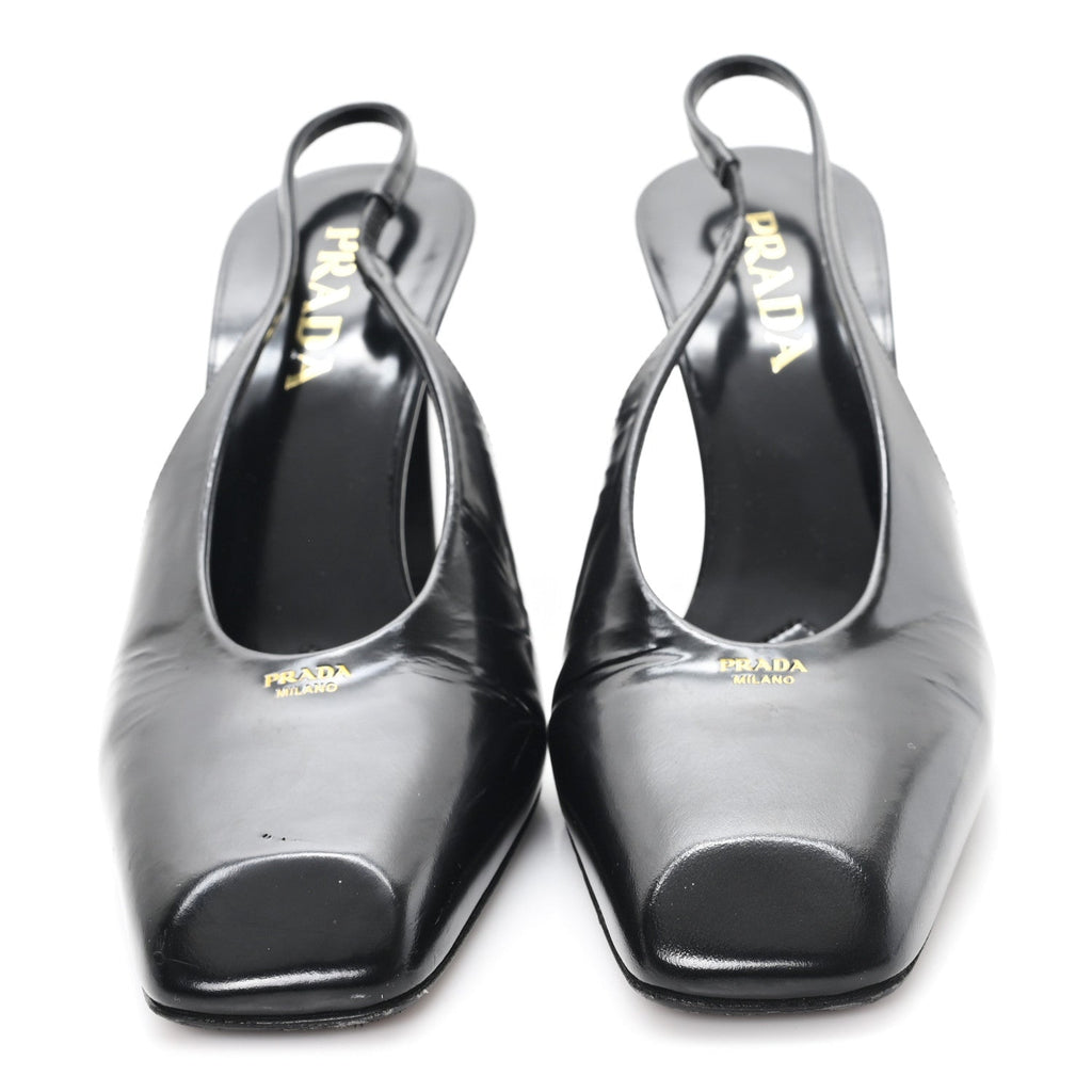 PATENT CALFSKIN SQUARE TOE 85MM SLINGBACK PUMPS BLACK