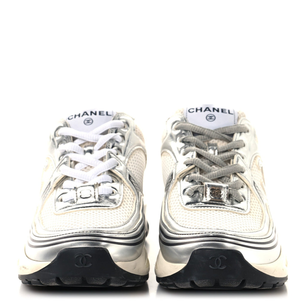 FABRIC LAMINATED CALFSKIN STRETCH CC WOMENS SNEAKERS WHITE SILVER
