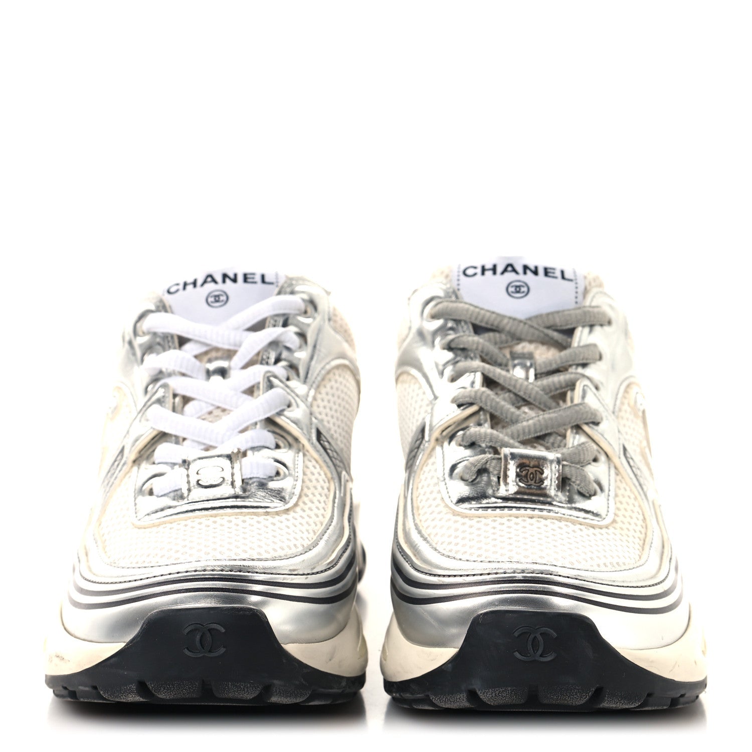 FABRIC LAMINATED CALFSKIN STRETCH CC WOMENS SNEAKERS WHITE SILVER
