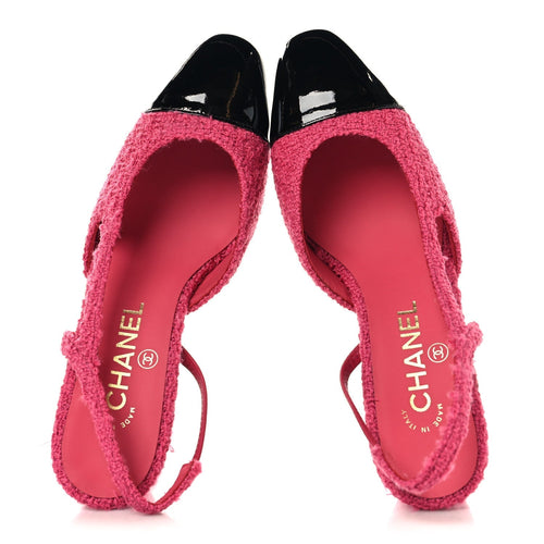 TWEED PATENT CAP TOE CC SLINGBACK PUMPS PINK BLACK