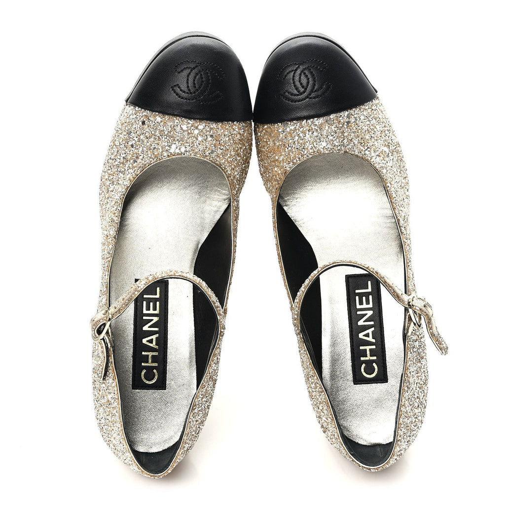 GLITTER LAMBSKIN CAP TOE CC MARY JANE PUMPS LIGHT GOLD BLACK
