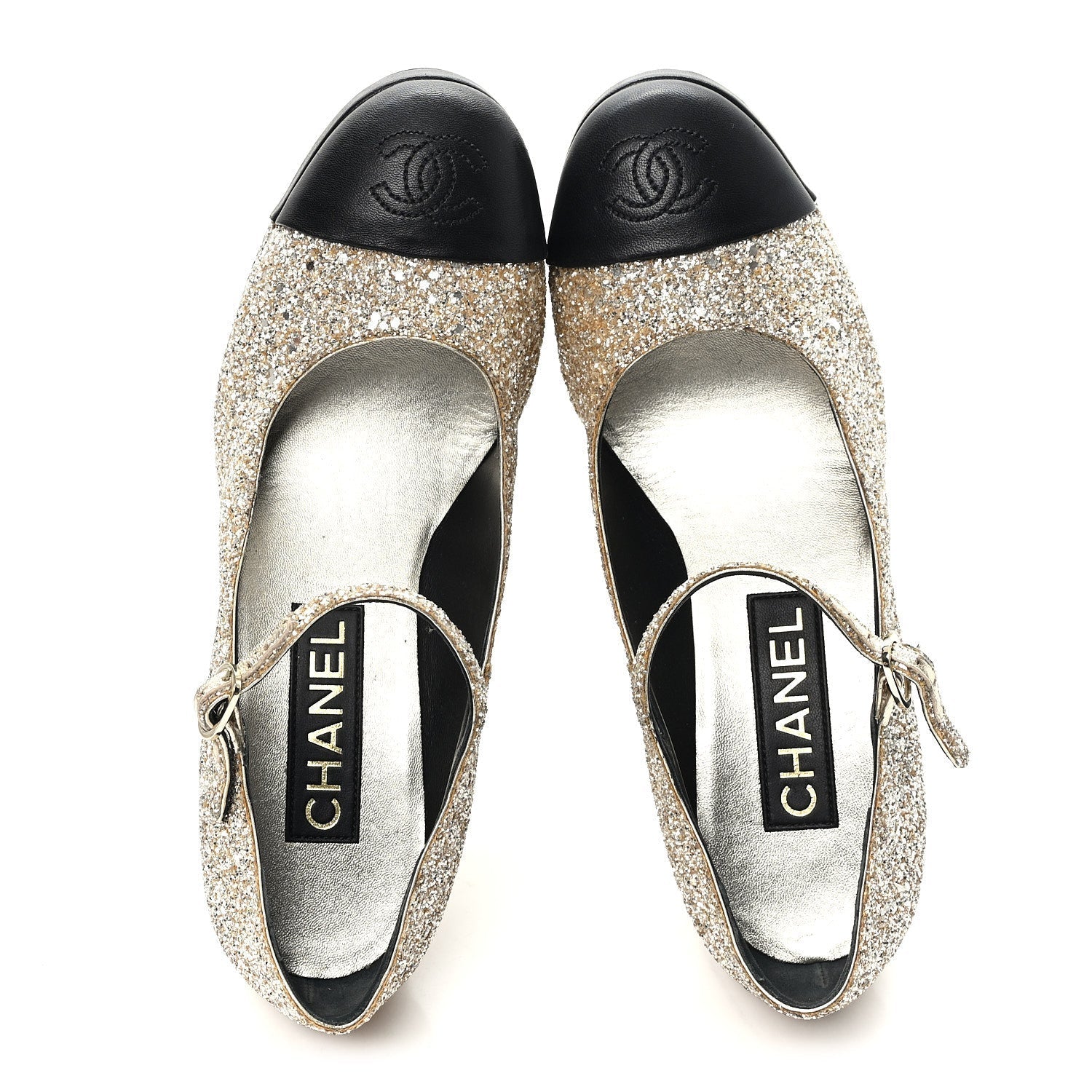 GLITTER LAMBSKIN CAP TOE CC MARY JANE PUMPS LIGHT GOLD BLACK
