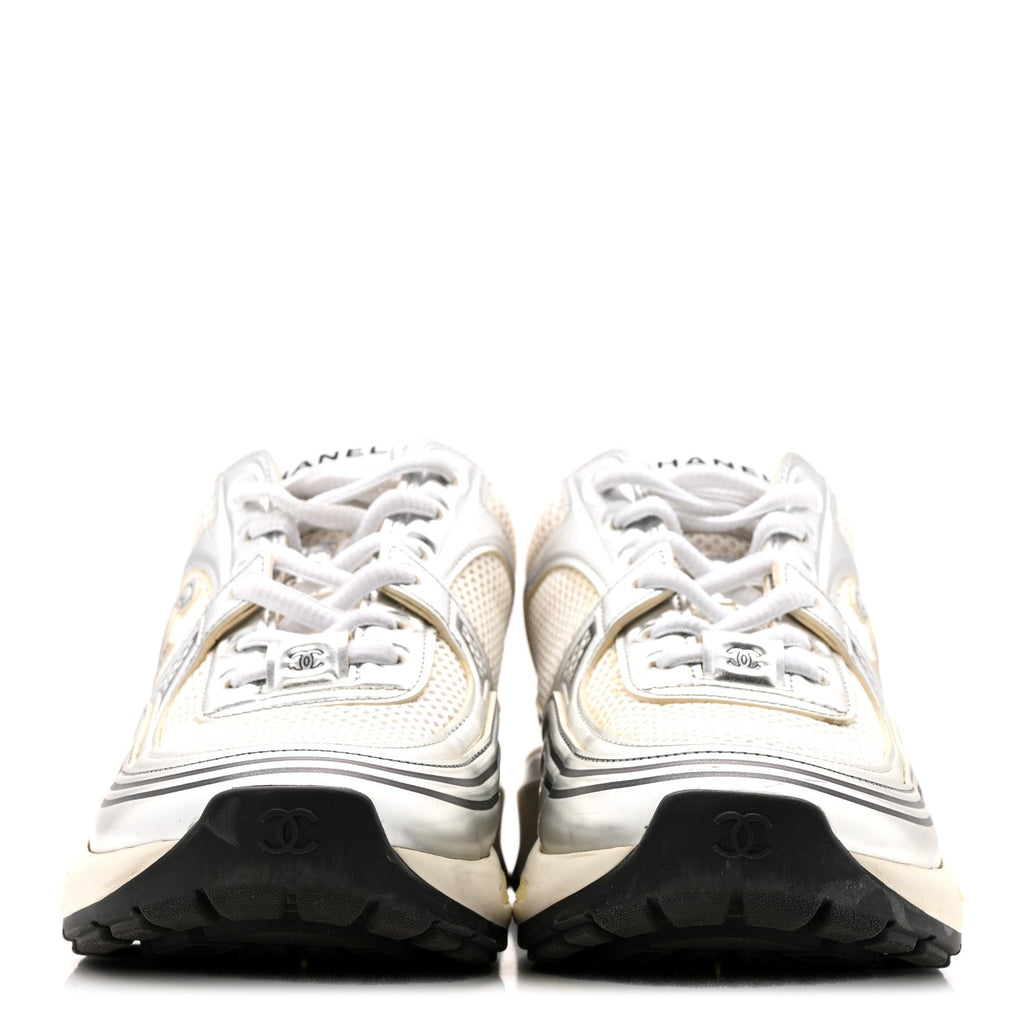 FABRIC LAMINATED CALFSKIN STRETCH CC WOMENS SNEAKERS WHITE SILVER