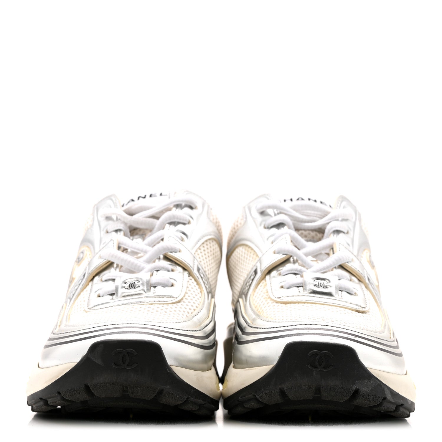 FABRIC LAMINATED CALFSKIN STRETCH CC WOMENS SNEAKERS WHITE SILVER