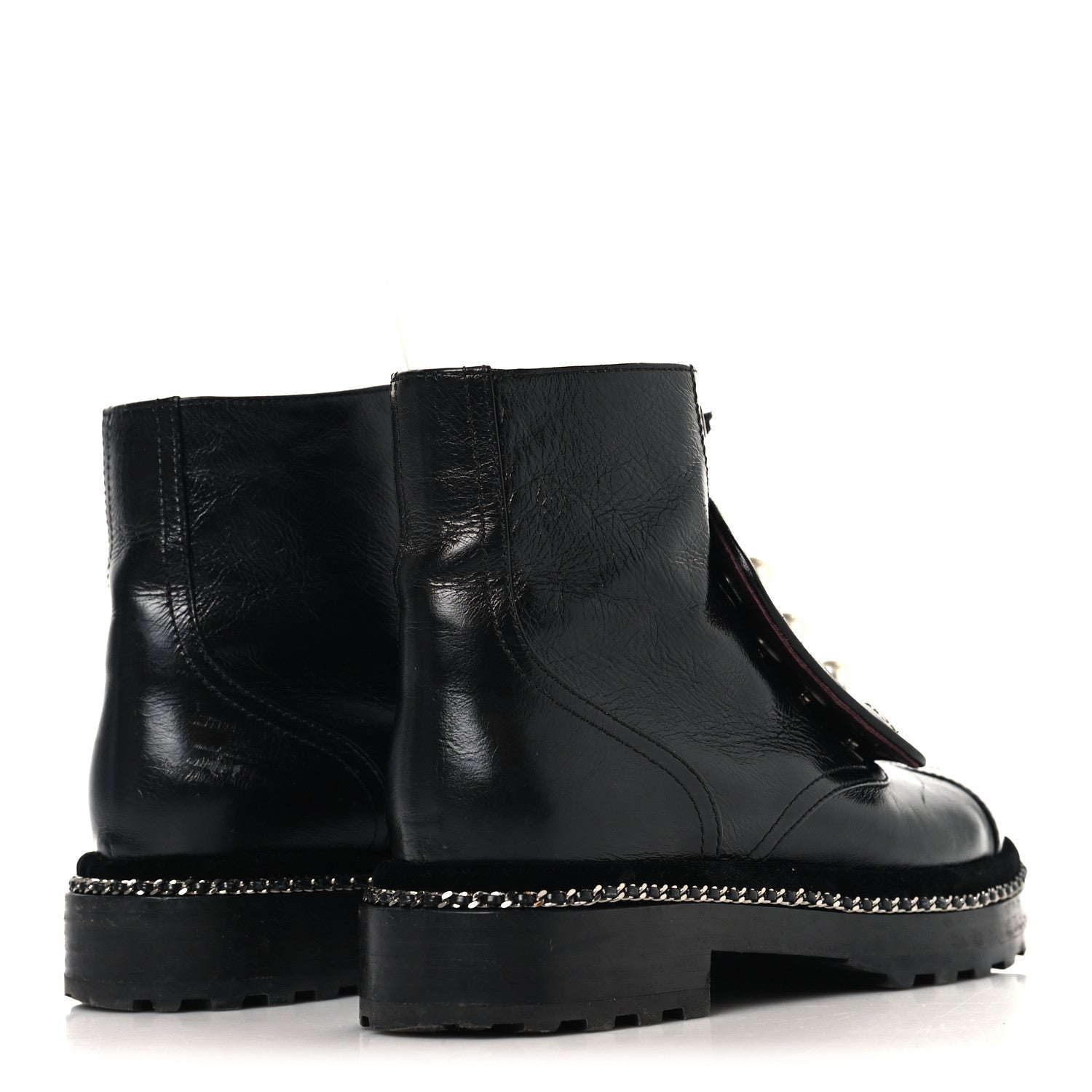 CRACKLED CALFSKIN VELVET PEARL COMBAT SHORT BOOTS BLACK