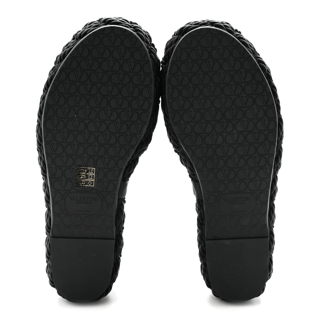 CALFSKIN SILK TORCHON VLOGO PLATFORM ESPADRILLE 100 WEDGE SANDALS BLACK