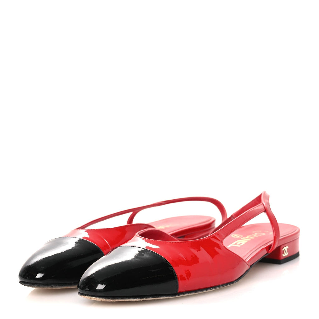 PATENT CALFSKIN CAP TOE CC SLINGBACK FLATS RED BLACK