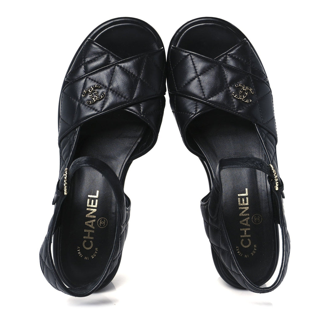 LAMBSKIN QUILTED CC PLATFORM SANDALS BLACK