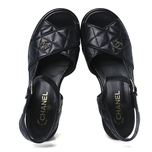 LAMBSKIN QUILTED CC PLATFORM SANDALS BLACK