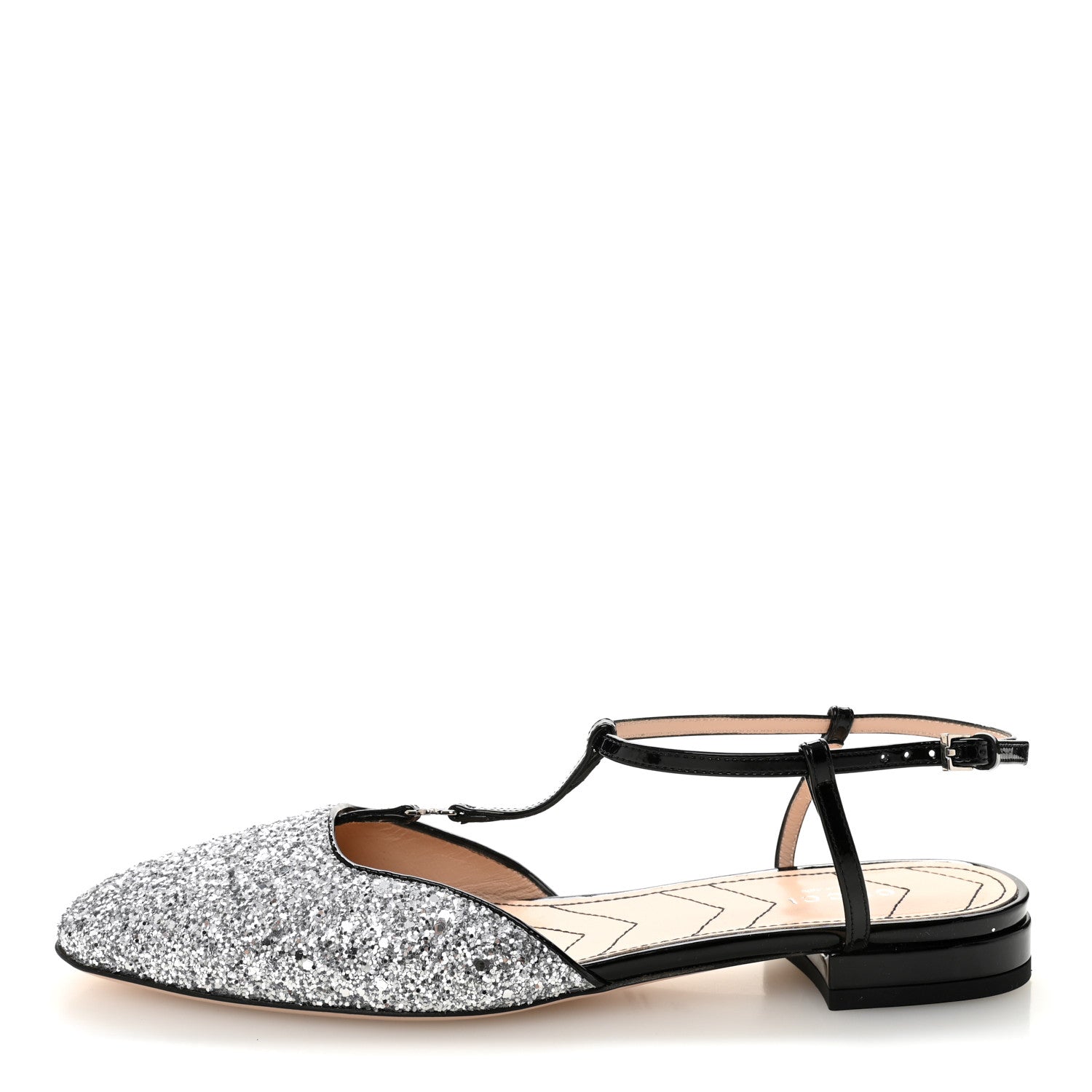 CALFSKIN GLITTER DOUBLE G SLINGBACK FLATS SILVER BLACK