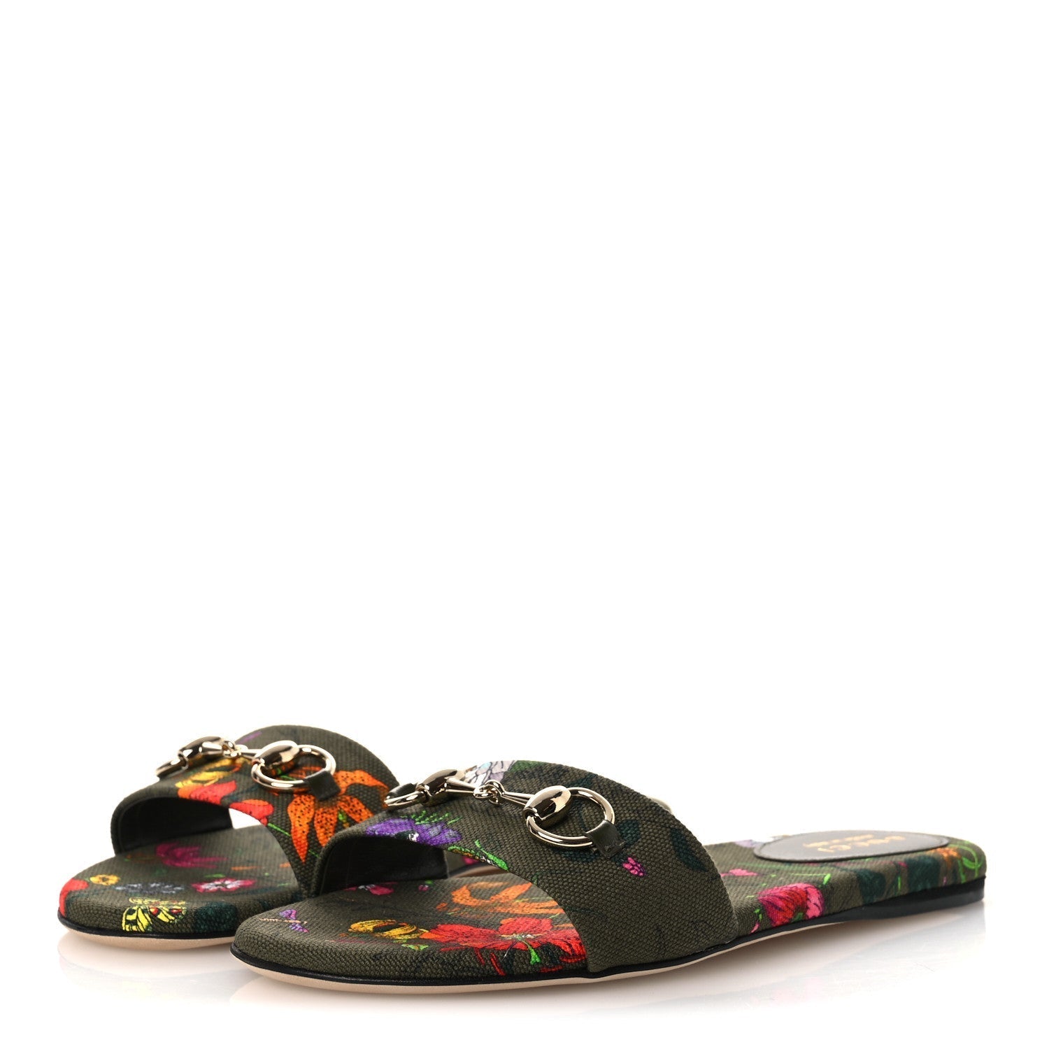 CANVAS FLORA FLORAL HORSEBIT SLIDE SANDALS GREEN
